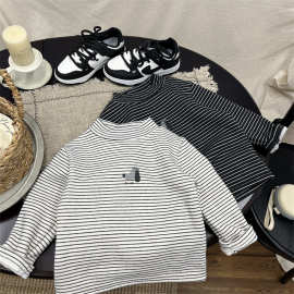 冬装儿童卡通印花加厚保暖打底衫男女童半高领加绒条纹内搭T恤潮