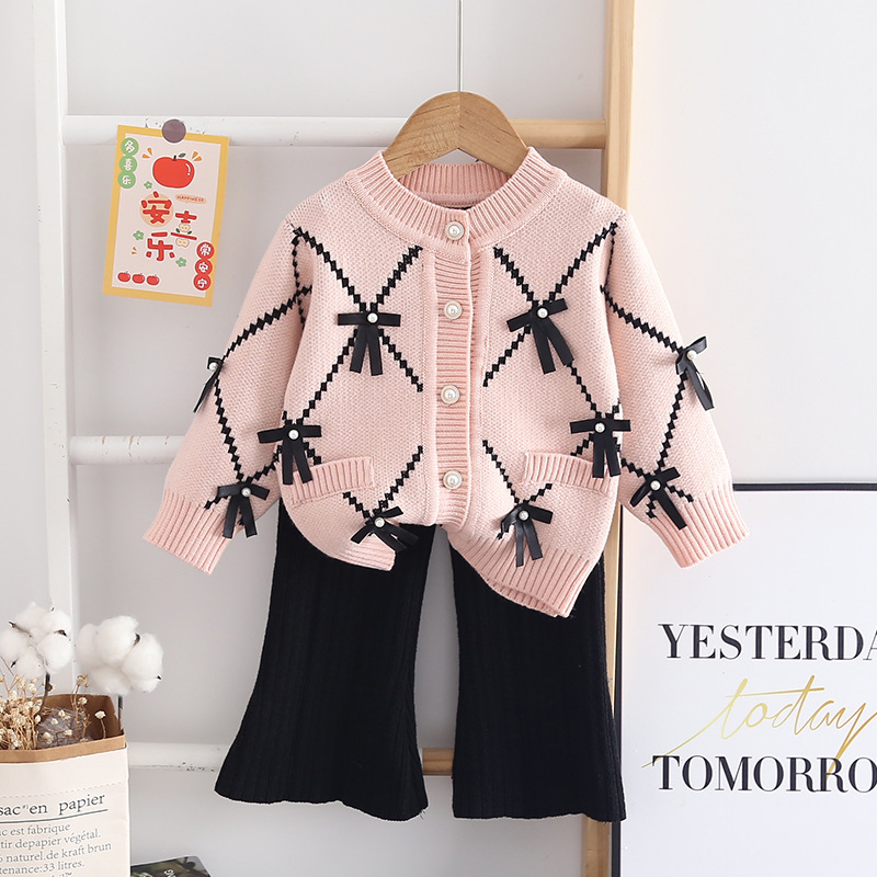 Jin Yongxiong Girls' Sweater 2024 Autumn/Winter New Bow Cardigan Top Knitted Two Piece Set Korean_voghion.com
