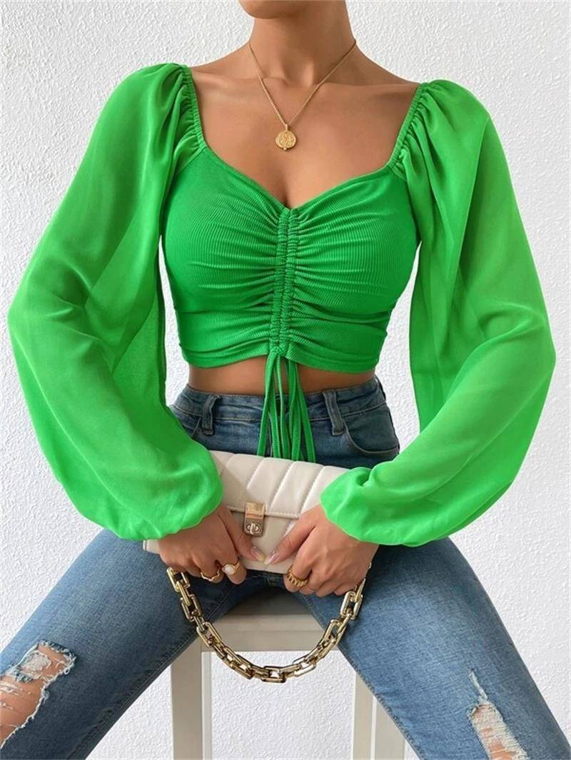 New Style Pit Stripe Chiffon Drawstring Lantern Sleeve Tight Fashion Women's Tops Shirt_senzul.com