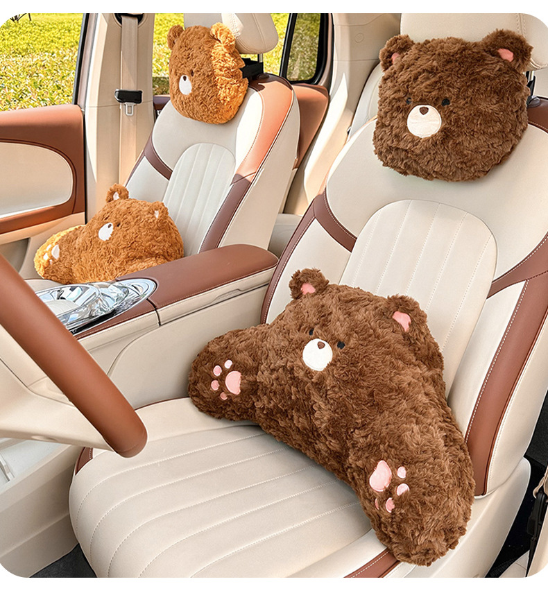 Cartoon Bear Car Headrest Plush Comfortable Car Seat Pillow Neck Pillow Cute Doll Car Waist Cushion