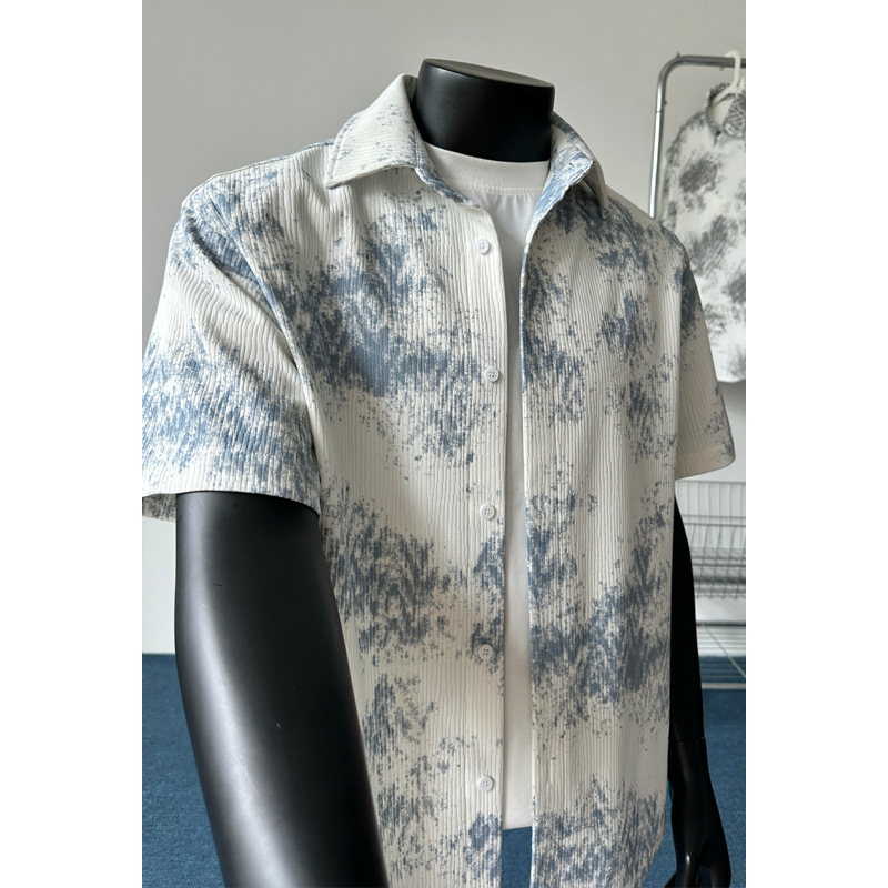 American-Style Cleanfit Tie-Dye Textured Short-Sleeve Shirt for Men, Oversized Loose Fit, Trendy Brand, Old Money Style, Cool and Stylish Shirt