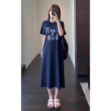 随性慵懒 藏肉显瘦爽滑舒适印花长款T恤裙女连衣裙夏新Y0422L