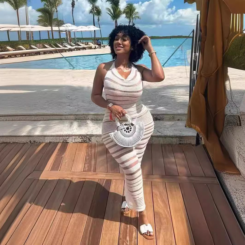 2024 Spring New European and American Women's Fashion Lace-up Neck Backless Sexy Knitted Beach Sling Slim-fit Long Dress 2024 Spring New European and American Women's Fashion Lace-up Neck Backless Sexy Knitted Beach Sling Slim-fit Long Dress