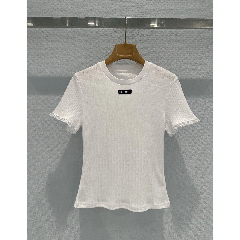 Nanyou Sweet Style Spliced Lace Short-Sleeve Summer Fashionable Hollow-Out Solid Color Knit T-Shirt Xy5265 Cotton
