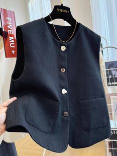 Spring and Autumn Elegant Round Neck Small Suit Vest Jacket Women's French Elegant Outer Wear Sleeveless Waistcoat