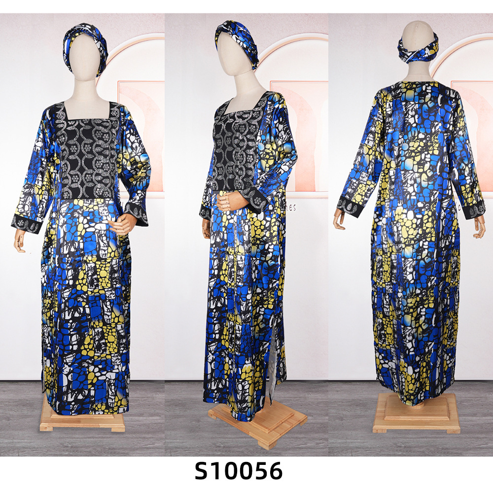 Middle East Bestseller Crystal Satin Printed Dress With Headscarf And Rhinestones, African Plus Size Women's_ecoleips.com