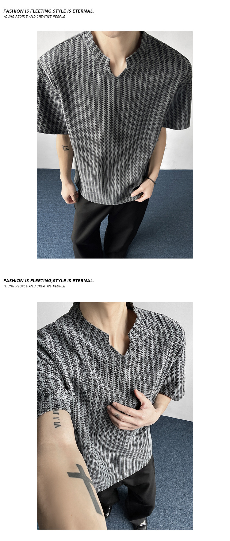 Herringbone Pattern V-neck T-shirt For Men Loose Fit Summer Style_voghion.com