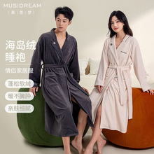 海岛绒睡袍冬季长款情侣刺绣大码睡袍珊瑚绒加厚冬季保暖浴袍家居