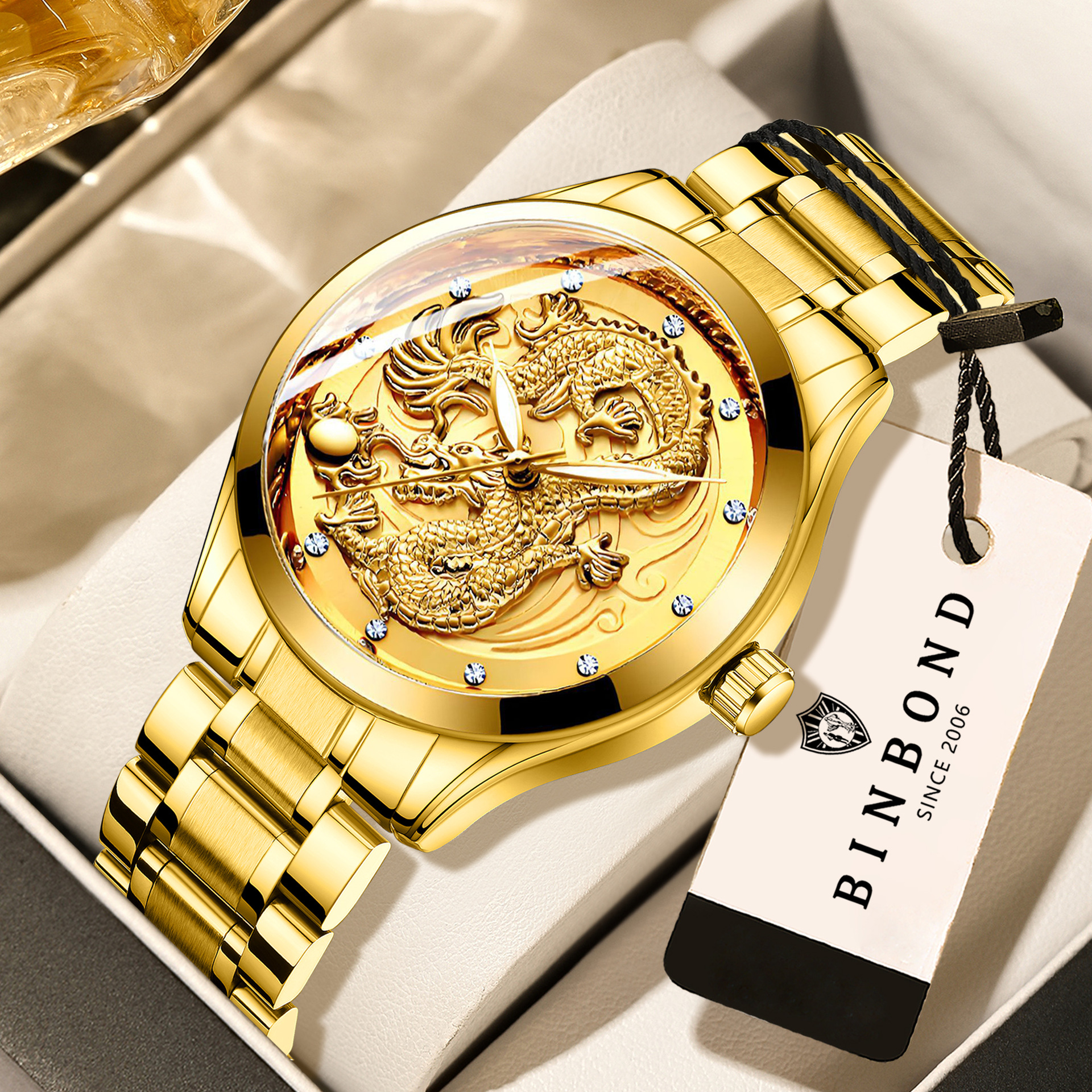 Fenzun Brand Watch Men's Non-Mechanical Watch Waterproof Luminous Gold Quartz Ultra-Thin Steel Band Dragon and Phoenix Couple Watch