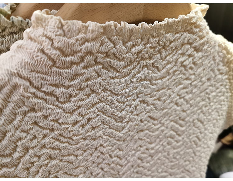Áo thun nữ cổ tròn tay ngắn họa tiết dứa jacquard xếp ly mùa hè — Màu xanh lam nhạt, Màu xanh lục nhạt, Màu đen, Màu trắng be chi tiết 21