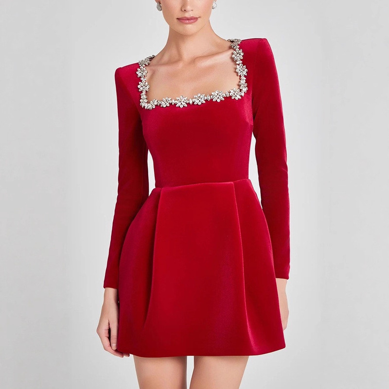 European and American Cross-Border 2024 Spring Women's Dress Elegant Square Collar Pearl Lace Short Fashion Dress