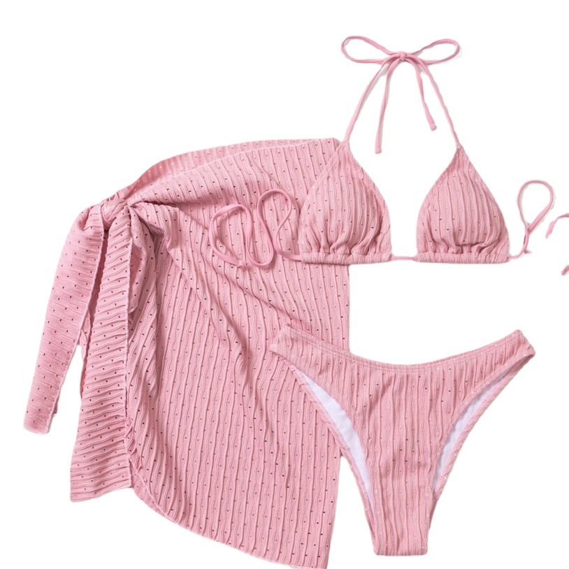 Traje de baño bikini de tres piezas Amazon 2026, nuevo conjunto sexy europeo y americano con falda de malla, bikini de mujer