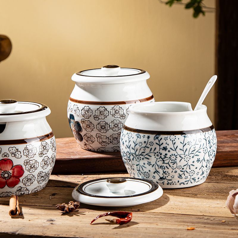 塩缶キッチン豚油缶唐辛子油缶家庭用耐高温陶磁器蓋付き缶食品級専用辛い子|undefined