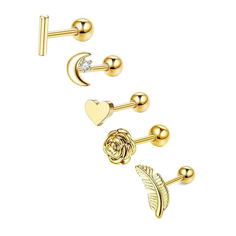 5-Piece Geometric Stainless Steel Zircon Earrings Set - Silver Twisted Studs for Women Men detail image 11
