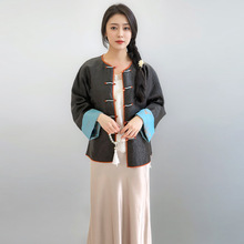 春秋新款国风真丝香云纱外套女士新中式复古圆领盘扣长袖开衫上衣