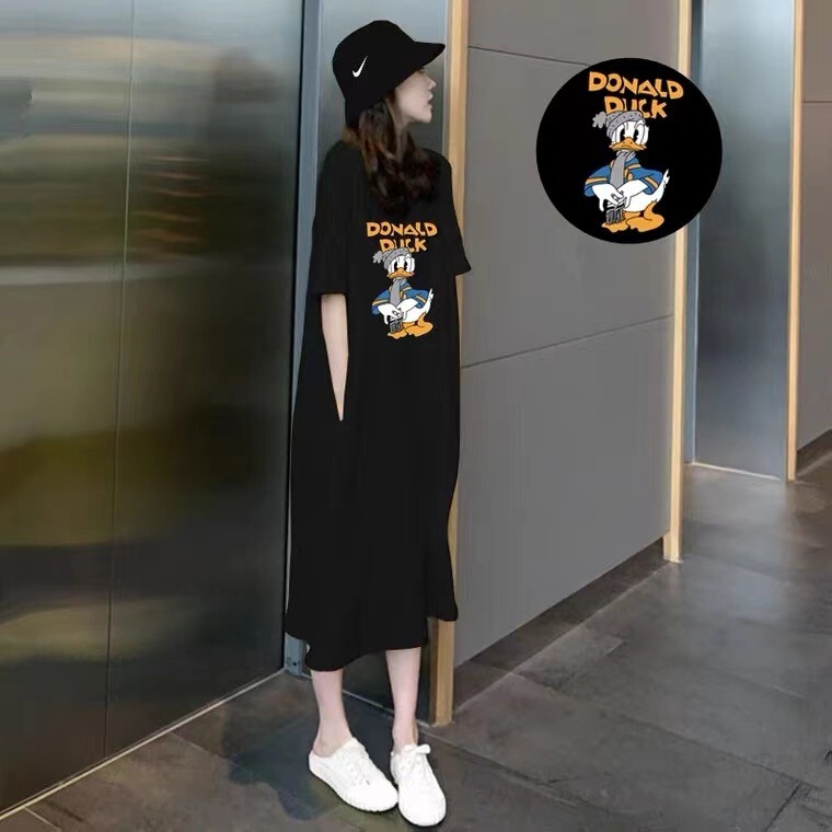 Maternity Wear Summer Korean Style 2024 Loose Slimming Cartoon Print Long Plus Size T-Shirt Maternity Dress Trendy Pregnancy