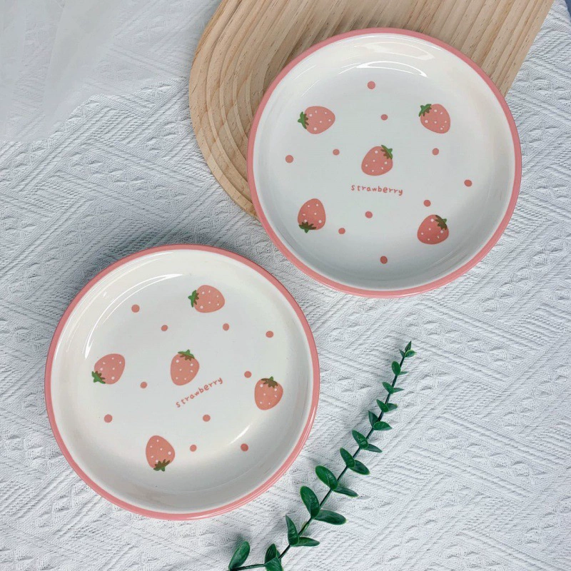 Ceramic tableware set, polka-dot strawberry pattern with cute handle, multi-piece options