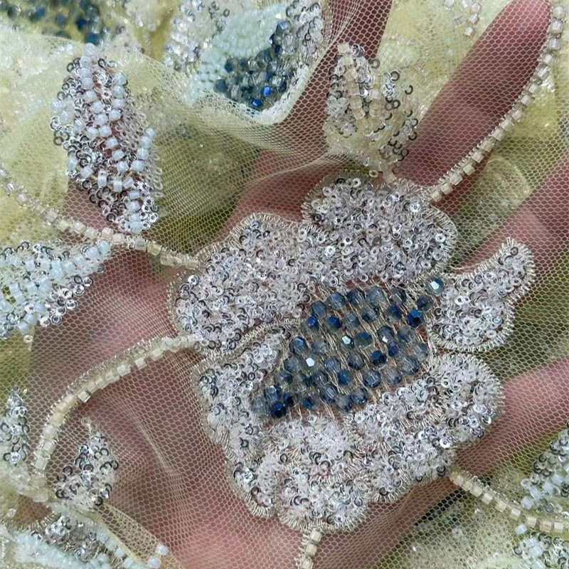 Industria pesada lujosa lenteja tubo de perlas tela bordada de encaje comercio exterior transfronterizo vestido de boda francés vestido de moda tela de falda