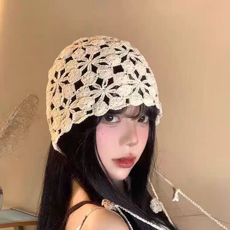 镂空花朵流苏包头帽女吊坠民族风针织套头帽薄款手工编织堆堆帽子|undefined