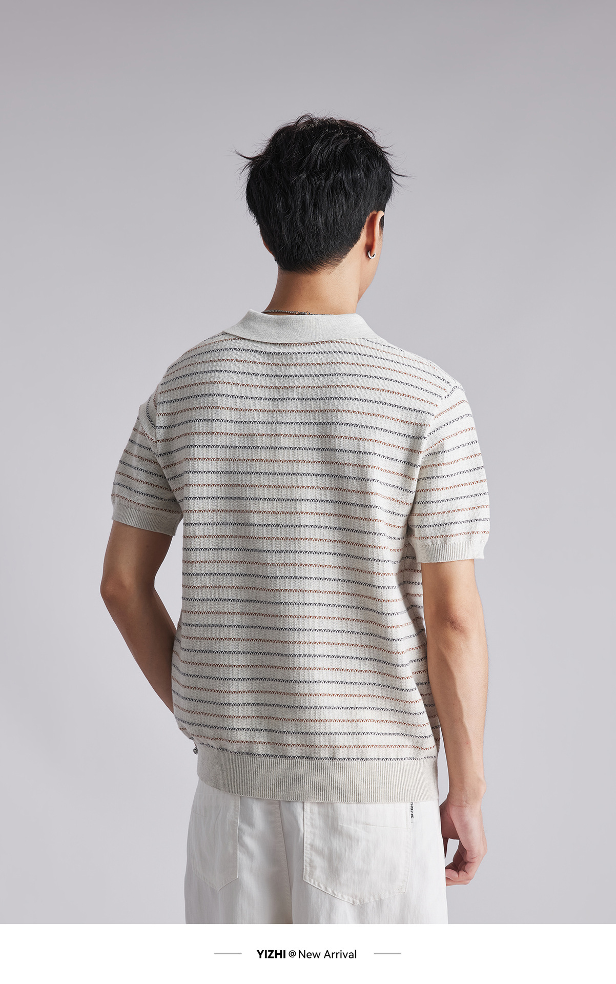 Áo polo nam dệt kim cotton sọc ngắn tay, phong cách old money, form ôm thoáng khí — Hạnh nhân sọc chi tiết 12
