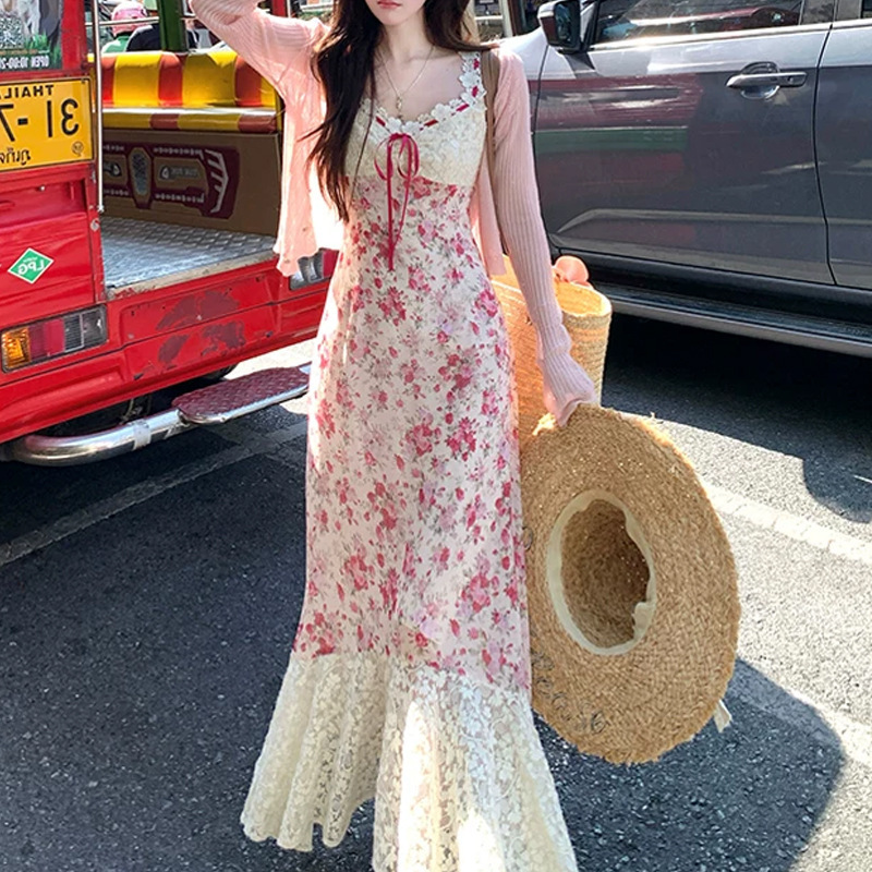 Vintage Rose/Long Lace-Up Floral Waist-Cinching A-Line Dress for Women, 2026 Summer New French Style Dress Vintage Rose/Long Lace-Up Floral Waist-Cinching A-Line Dress for Women, 2026 Summer New French Style Dress