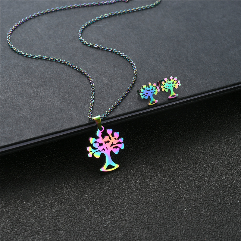 Cross-border Foreign Trade Ornament Colorful Stainless Steel Earrings And Necklace Set European And American Personalized Colorful Lucky Tree Clavicle Chain display picture 3