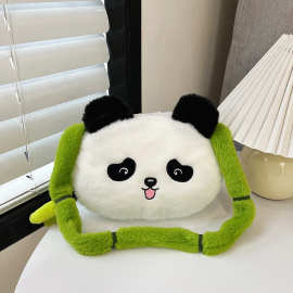 卡通竹子熊猫毛绒包包新款可爱玩偶公仔抓机娃娃斜挎包少女单肩包