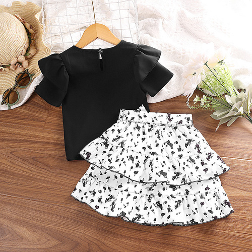 Ladie's Set 2024 Summer New Ruffled Short-Sleeve Top and Floral Cupcake Skirt Two-Piece Cross-Border Children's Clothing Wholesale
