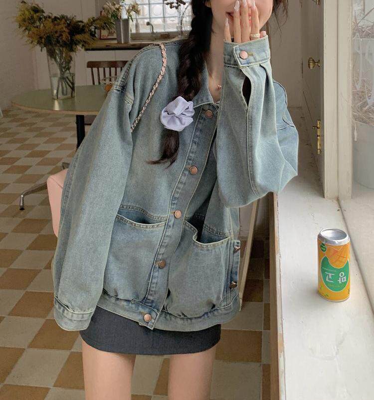 Áo khoác denim nữ dáng rộng phong cách retro, tay dài cổ ve áo — màu xanh denim chi tiết 4