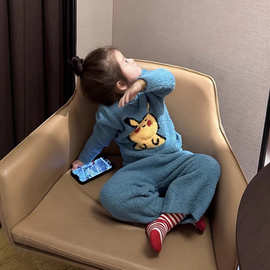 儿童家居服套装秋冬季男女童可爱卡通上衣裤子宝宝保暖半边绒睡衣