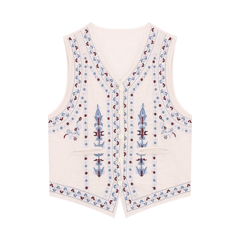 Heavy Embroidery V-Neck Elegant Vest Women's Summer Retro Style Casual Pants Wide-Leg Pants Fashion Suit A4485