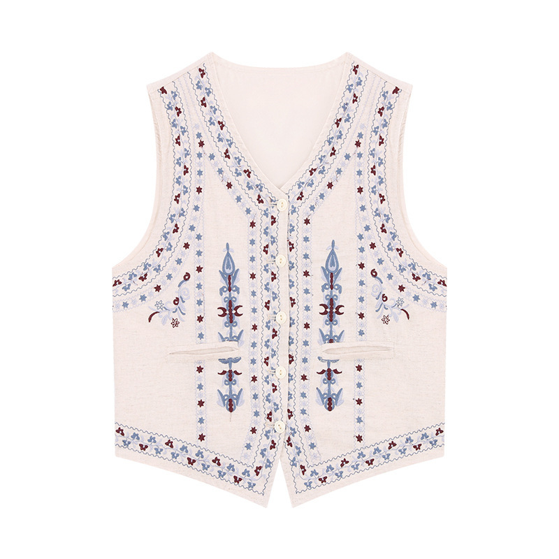 Heavy Embroidery V-Neck Elegant Vest Women's Summer Retro Style Casual Pants Wide-Leg Pants Fashion Suit A4485