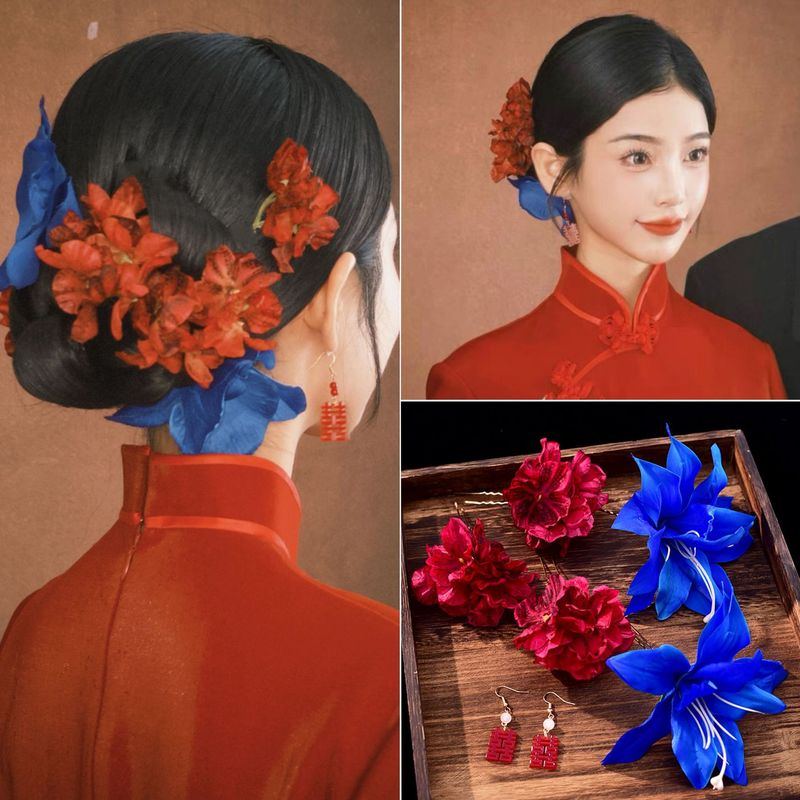 新しい中国風の花嫁の頭飾り赤い花のウェディングドレスヘアアクセサリー女性のための中国風のレトロな模擬花Xiuheスーツチャイナドレスアクセサリー|undefined