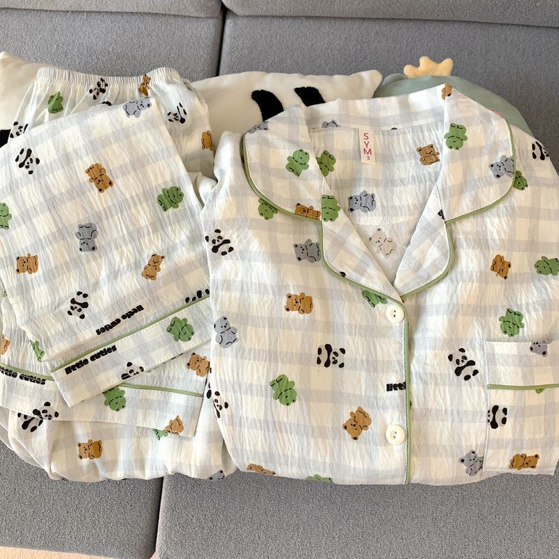 (가슴패드 없음) [윤두면] 개구리 체크무늬 곰 긴팔+바지