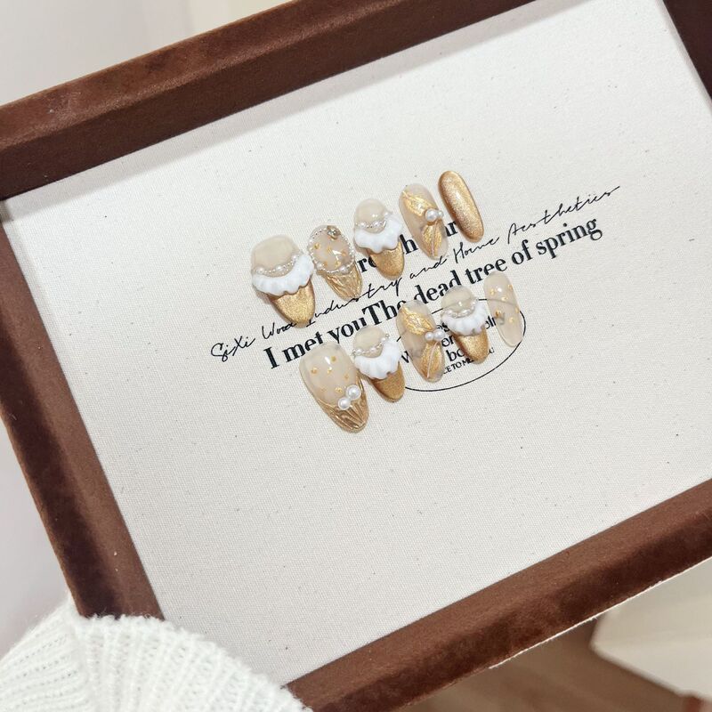 Wearable Nails with a High-End French Style, Handcrafted Skirt-Like Gold Nails for Women, Cat-Eye Handmade Wearable Nails, Ice-Clear New Style Nails