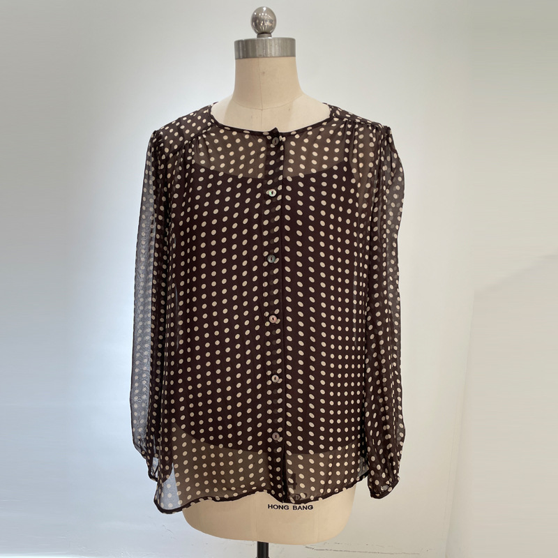 크루넥 가디건-다크 브라운 물방울 무늬