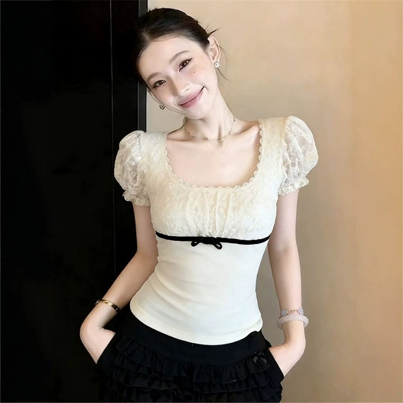 260g Rayon Modal】Square Collar Lace Short-Sleeved T-Shirt for Women, Summer French-Style Patchwork Bow Slimming Top 260g Rayon Modal】Square Collar Lace Short-Sleeved T-Shirt for Women, Summer French-Style Patchwork Bow Slimming Top