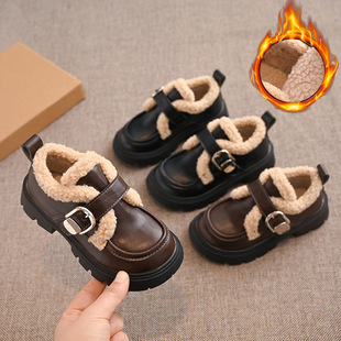 2025 New Style Buckle Plus Velvet Loafers Small Leather Shoes for Girls 2024 New Thick-Soled Mary Shoes Brown English