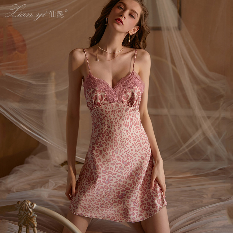 Xian Yi Sexy Satin Sling Pajamas Autumn and Winter Underwear Leopard Print Nightdress Women's Home Suit 416