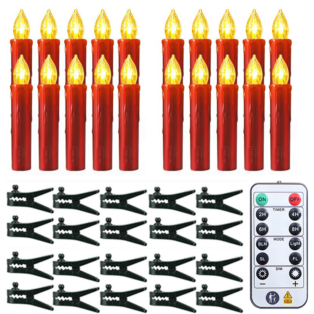 Luz LED tipo vela con carcasa roja y clip, función de temporizador, decoración para árbol de Navidad, control remoto de 7 teclas con temporizador, venta al por mayor de fábrica.