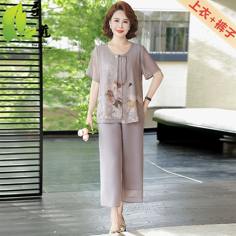Летняя одежда для мам среднего и пожилого возраста больших размеров, модная летняя одежда для женщин среднего возраста, шифоновый костюм из двух предметов с короткими рукавами для женщин