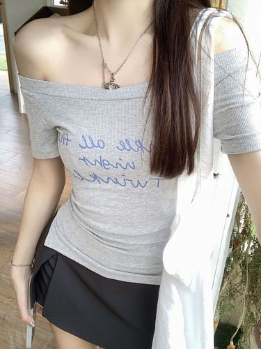 Pure Desire Letter Print Short Sleeve T-Shirt for Women 2025 Summer Slimming Fashionable Cute Sexy Off-Shoulder Blouse