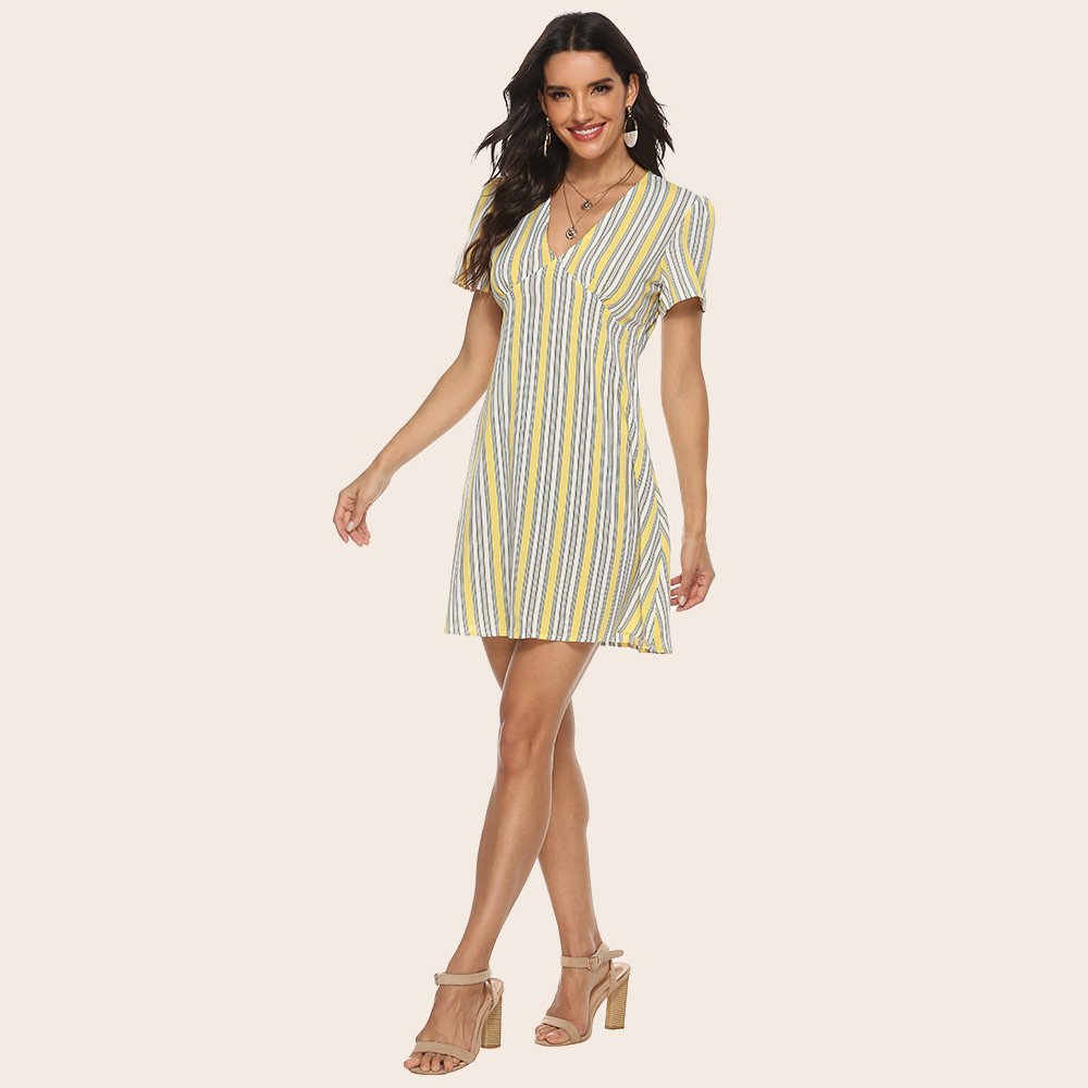 Summer Lemon Yellow Striped Sexy Women Dress V-neck Vitality Sweet Short Sleeve Dress