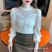 法式时尚气质网纱拼接针织衫女秋季2025新款修身内搭泡泡长袖上衣