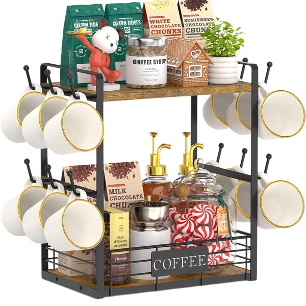 Kitchen storage placement coffee bar station organizer mug rack…