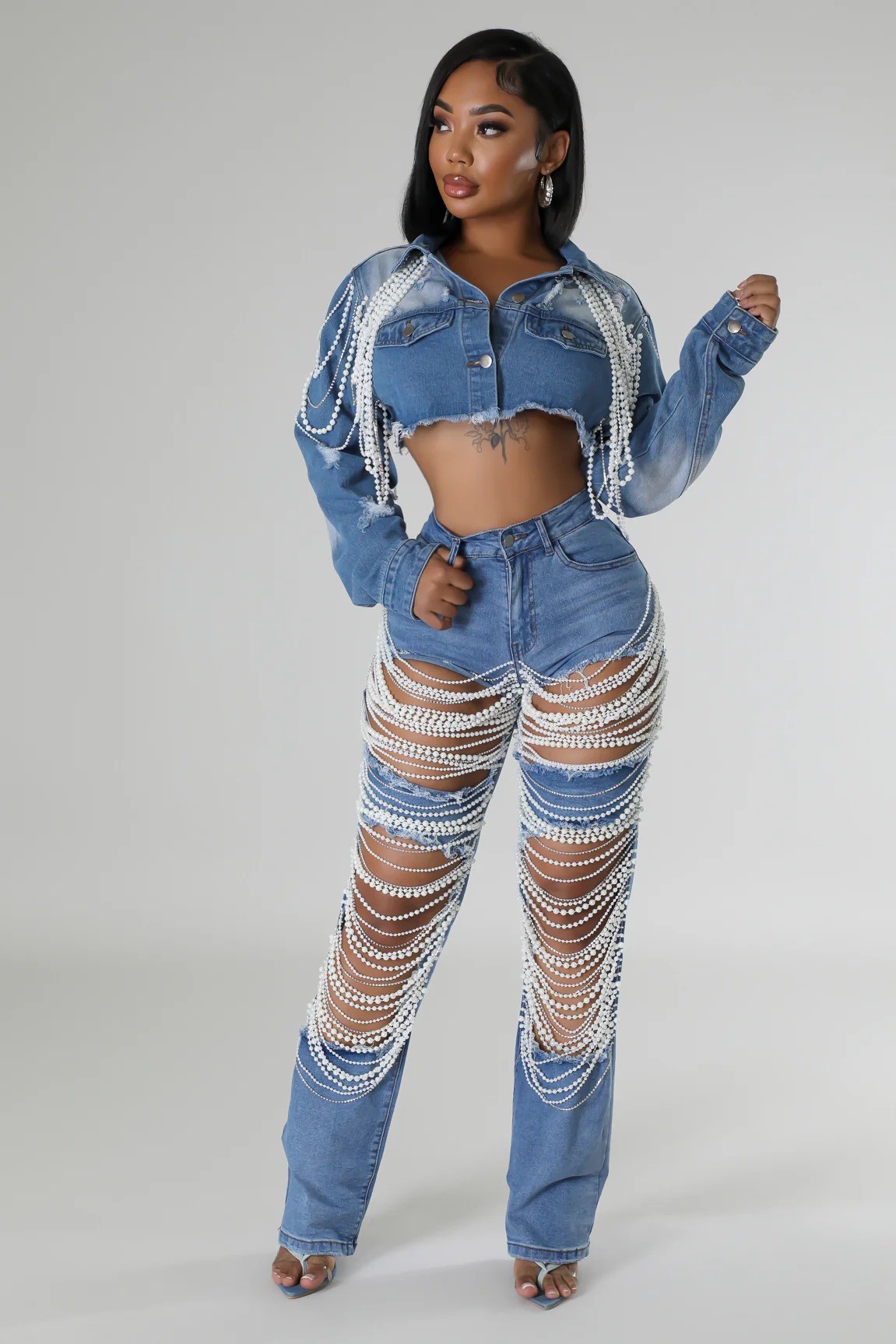 Women's Denim Jacket With Pearl Embellishments Vintage Style_voghion.com