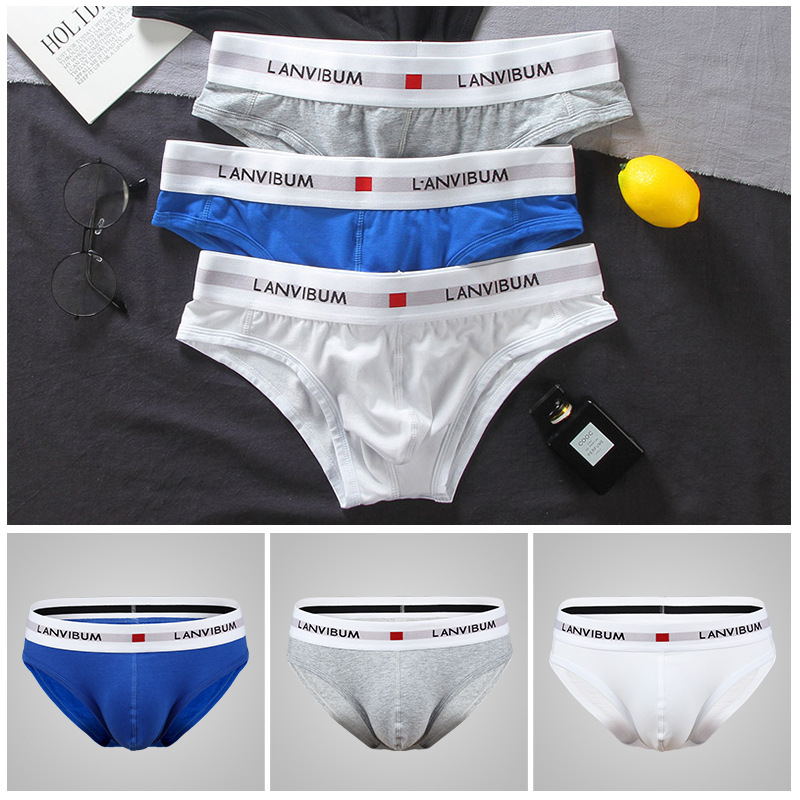 Lanvibum Pull-Up Cotton Low-Waist U-Convex Contrasting Color Large Pouch Men's Low-Waist Underwear Bikini Triangle