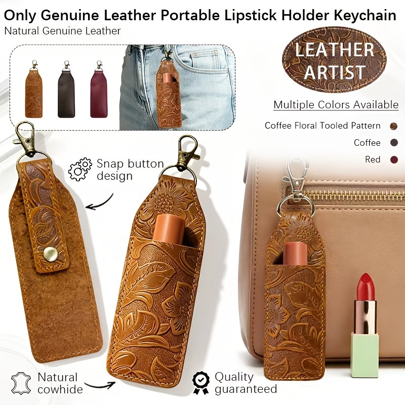 Embossed floral lipstick protective case, portable lipstick leather case with hanging buckle, customizable OEM cowhide lipstick storage bag
