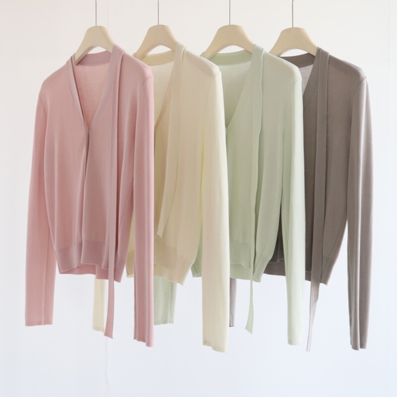 Mulberry Silk Lyocell Knitted Cardigan Women's Spring and Summer New Arrival Atmosphere V-Neck Long-Sleeve Knitted Outer Top