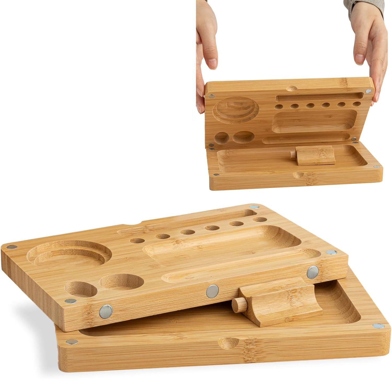 Foldable Bamboo Storage Tray, American Style, 12+ Compartments, Powder-Coated Finish, Durable, Easy to Clean, Portable for Home Use